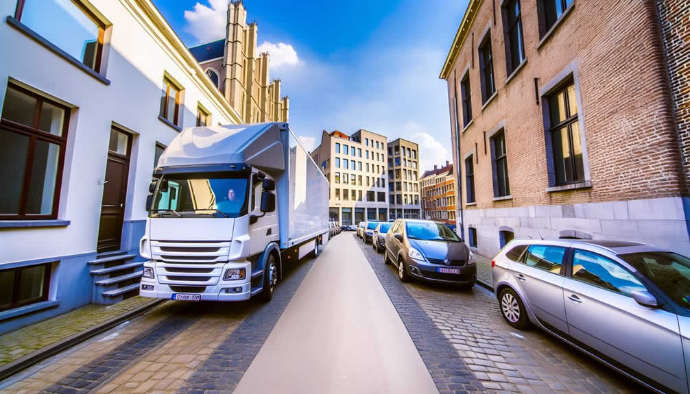 Moving truck in a narrow Antwerp street with limited parking increasing moving costs