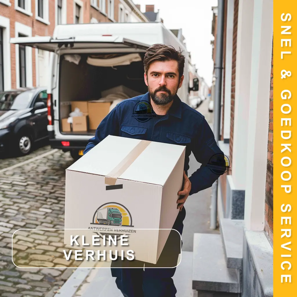 verhuizer draagt verhuisdoos op Antwerpse kasseienstraat met open verhuiswagen op achtergrond