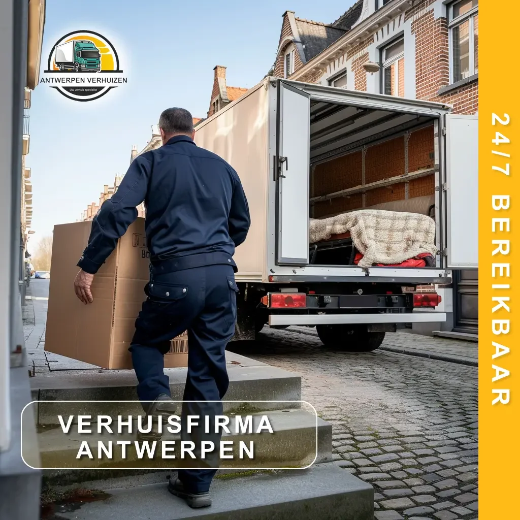 verhuisfirma antwerpen Based on the image — a mover carrying a box into a truck on an Antwerp street, with the Antwerpen Verhuizen logo and "24/7 Bereikbaar" banner: Recommended alt text: Verhuisfirma Antwerpen - medewerker van Antwerpen Verhuizen laadt verhuisdoos in vrachtwagen op Antwerpse straat