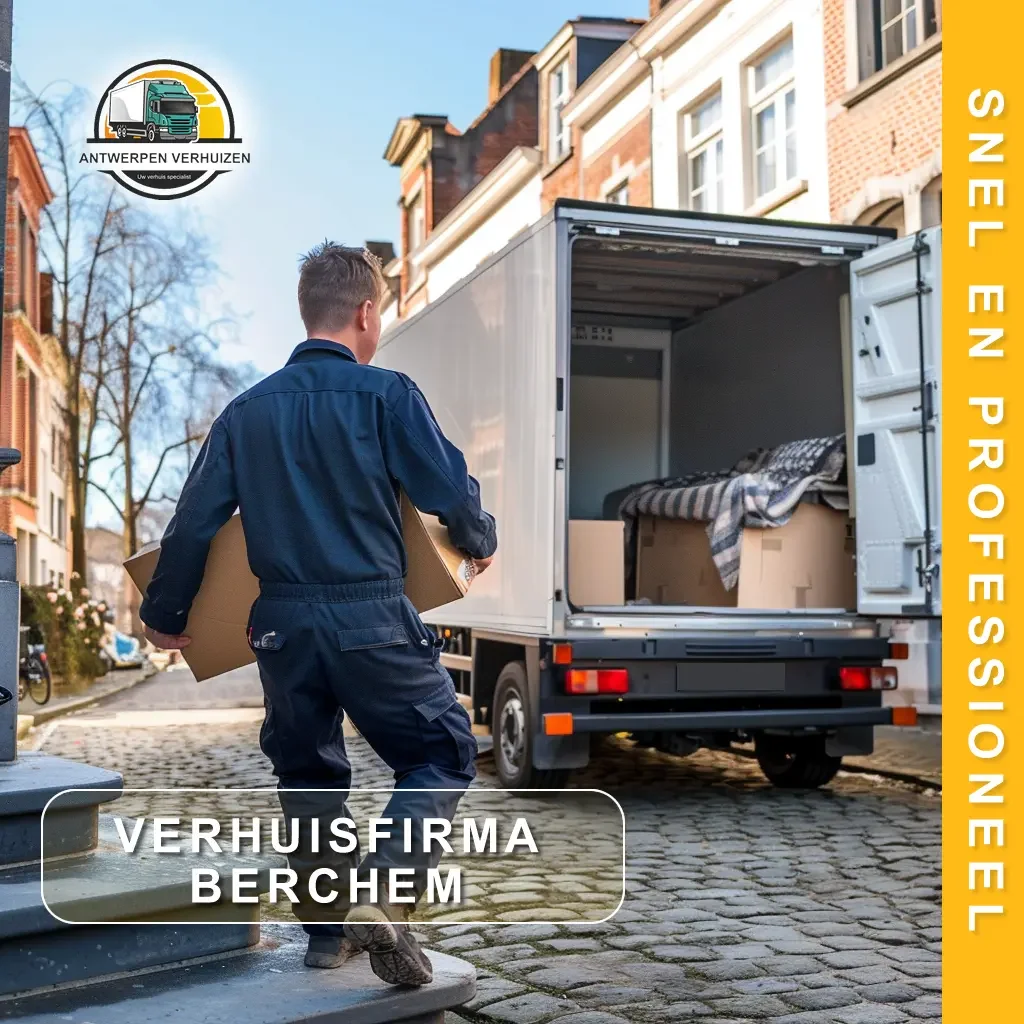 Verhuisfirma Berchem - Antwerpen Verhuizen medewerker laadt verhuisdoos in vrachtwagen op kasseistraat in Berchem