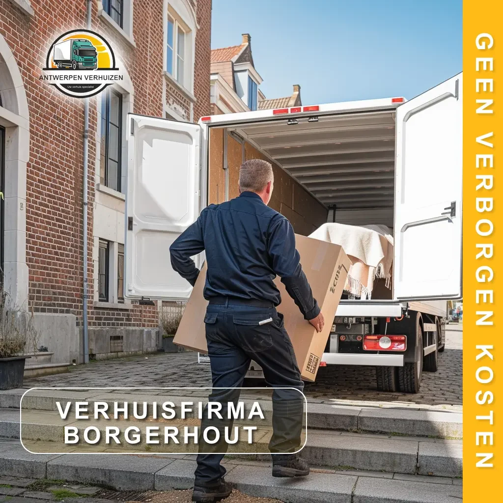 Verhuisfirma Borgerhout - Antwerpen Verhuizen medewerker laadt grote verhuisdoos in vrachtwagen op straat in Borgerhout
