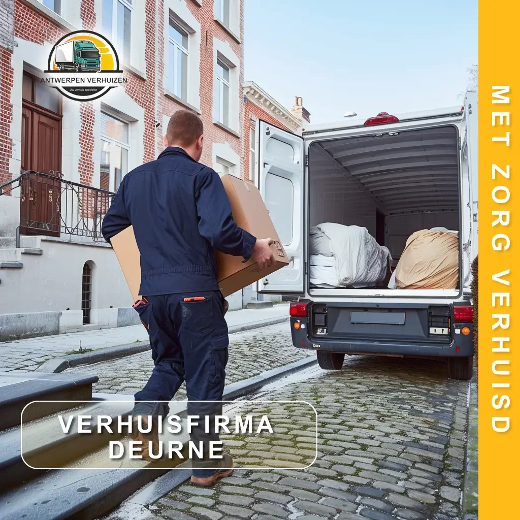Verhuisfirma Deurne - medewerker van Antwerpen Verhuizen laadt verhuisdoos in bestelwagen op kasseistraat in Deurne