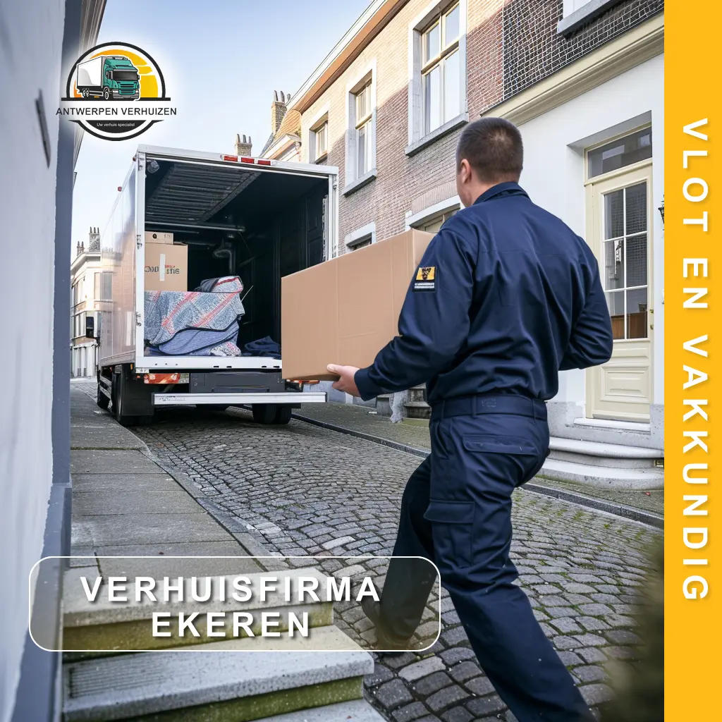 Verhuisfirma Ekeren - medewerker van Antwerpen Verhuizen laadt grote verhuisdoos in vrachtwagen op kasseistraat in Ekeren