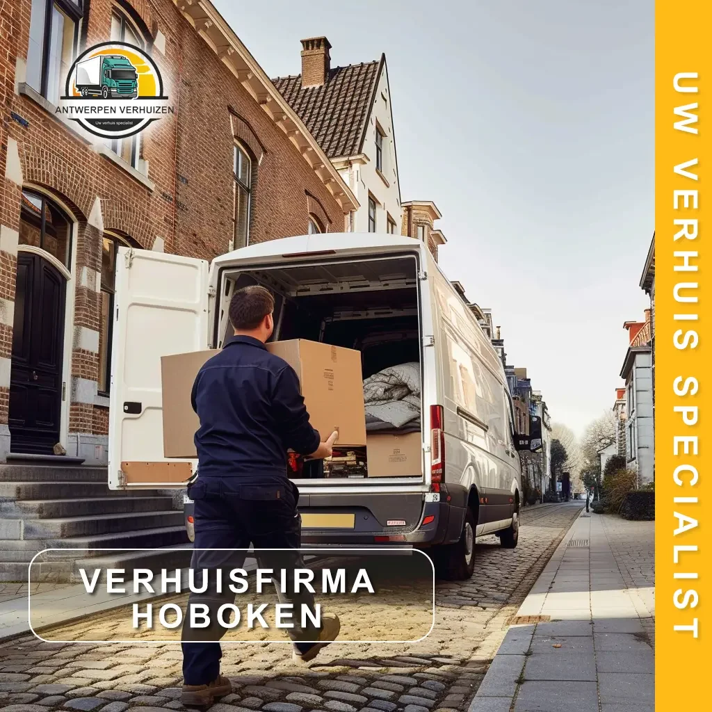 verhuisfirma hoboken Verhuisfirma Hoboken - medewerker van Antwerpen Verhuizen laadt verhuisdoos in bestelwagen op rustige woonstraat in Hoboken