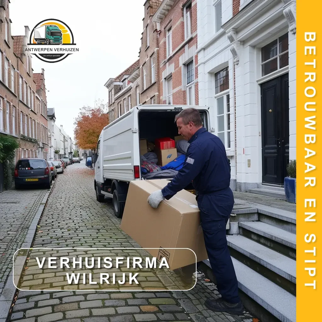 Verhuisfirma Wilrijk - medewerker van Antwerpen Verhuizen laadt grote verhuisdoos in bestelwagen op herfstige kasseistraat in Wilrijk
